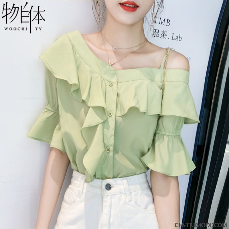 Chemisiers Femme Été Doux Mousseline De Soie Tendance Courte Mode Bleu