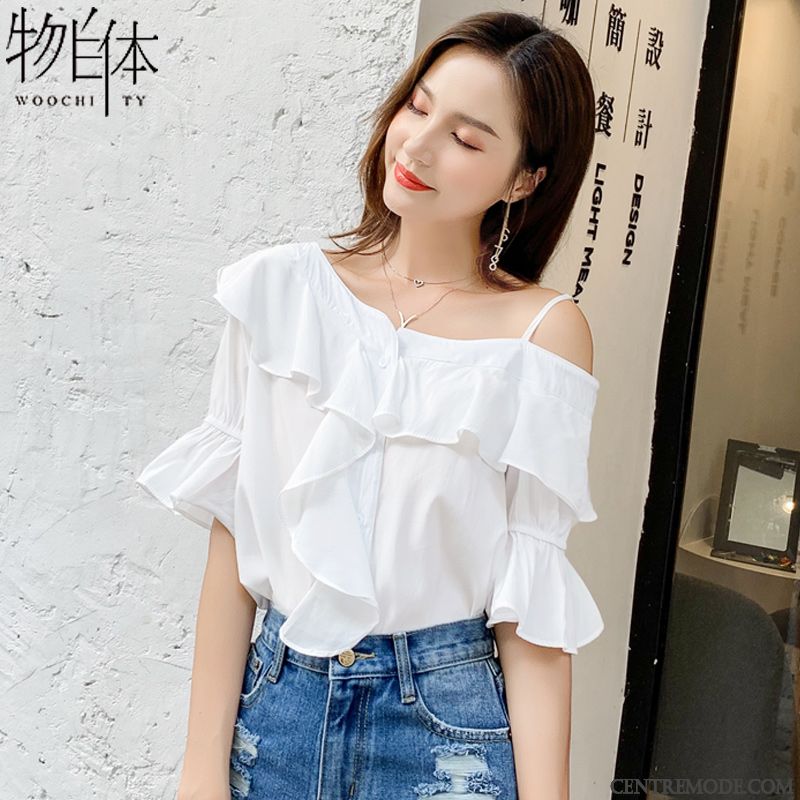 Chemisiers Femme Été Doux Mousseline De Soie Tendance Courte Mode Bleu