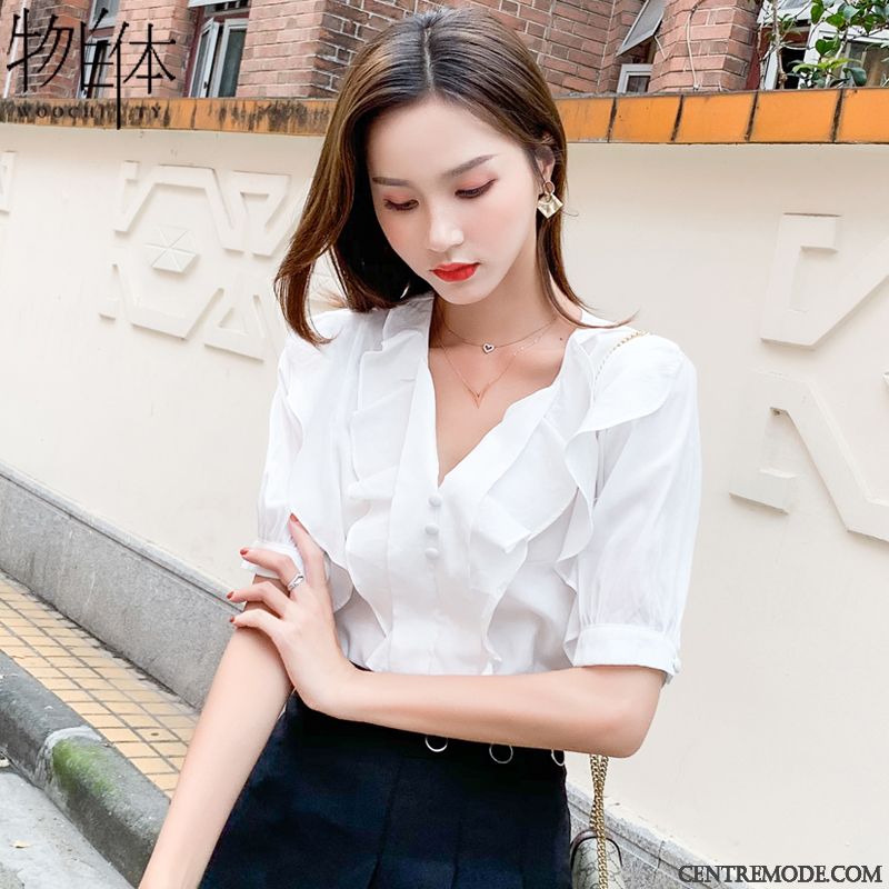 Chemisiers Femme Été Doux Mousseline De Soie Tendance Courte Mode Bleu