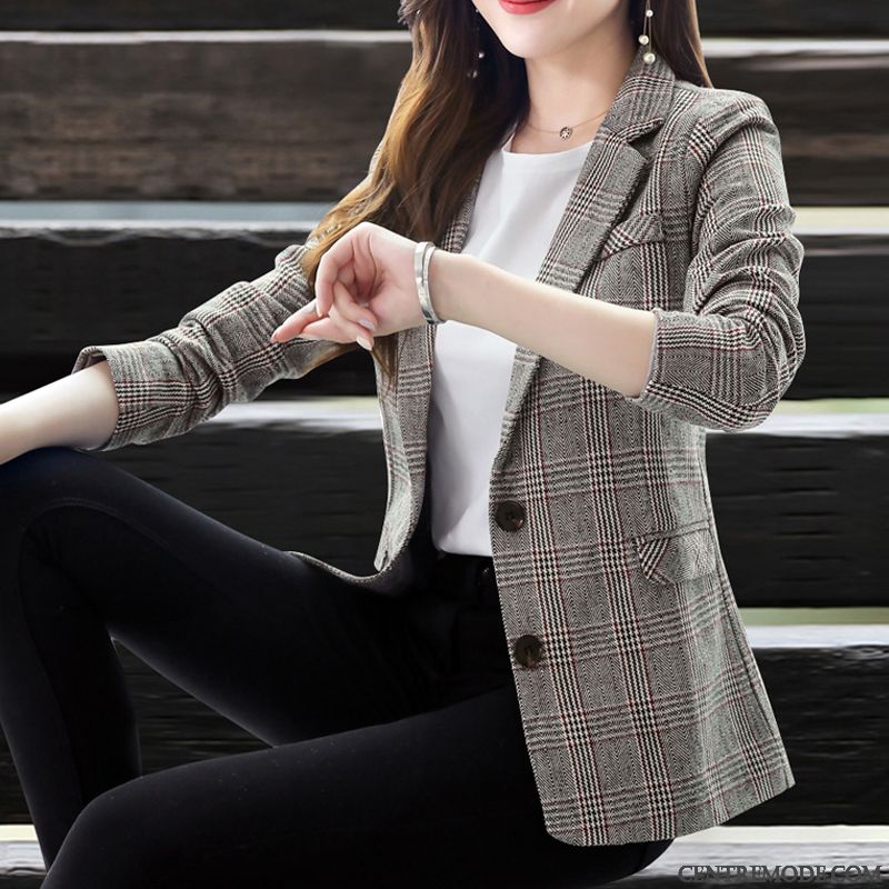 Costumes Blazer Femme Décontractée Petit Costume L'automne Manteau Printemps Carreaux Gris