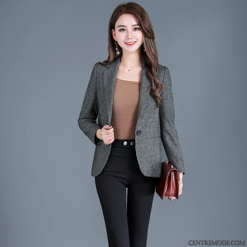 Costumes Blazer Femme L'automne Carreaux Hiver Swallow Cerveau Slim Court Gris