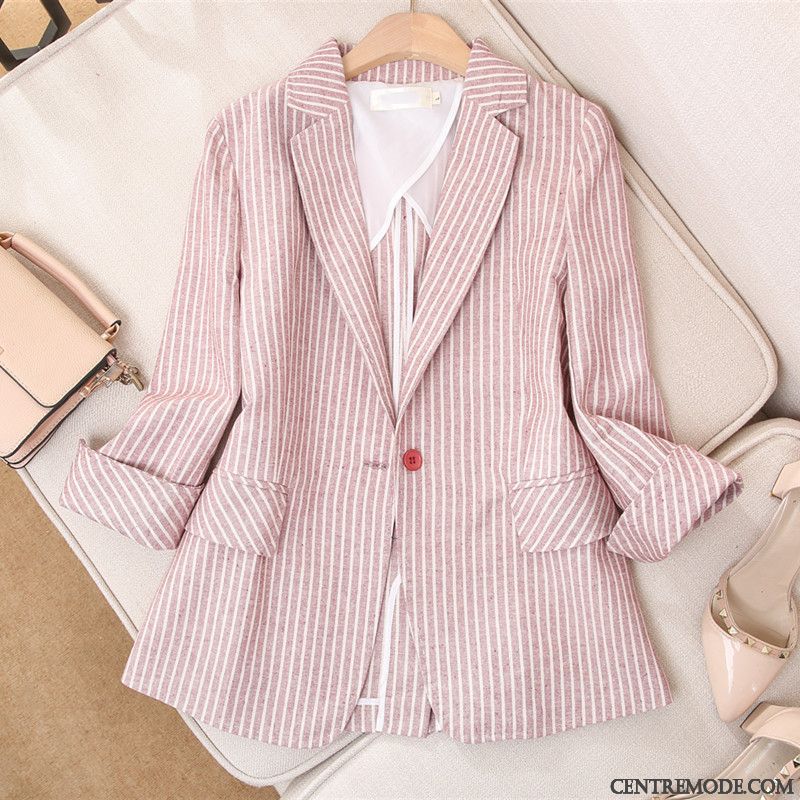 Costumes Blazer Femme Lin Slim Rayé Légère Veste De Costume Décontractée Rouge Rose