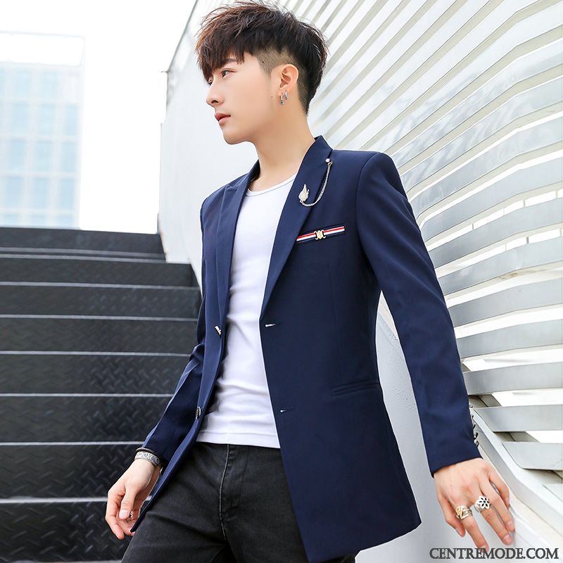 Costumes Blazer Homme Beau Manteau L'automne Longue Slim Étudiant Bleu