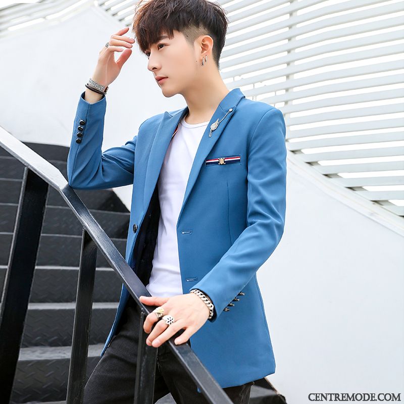 Costumes Blazer Homme Beau Manteau L'automne Longue Slim Étudiant Bleu