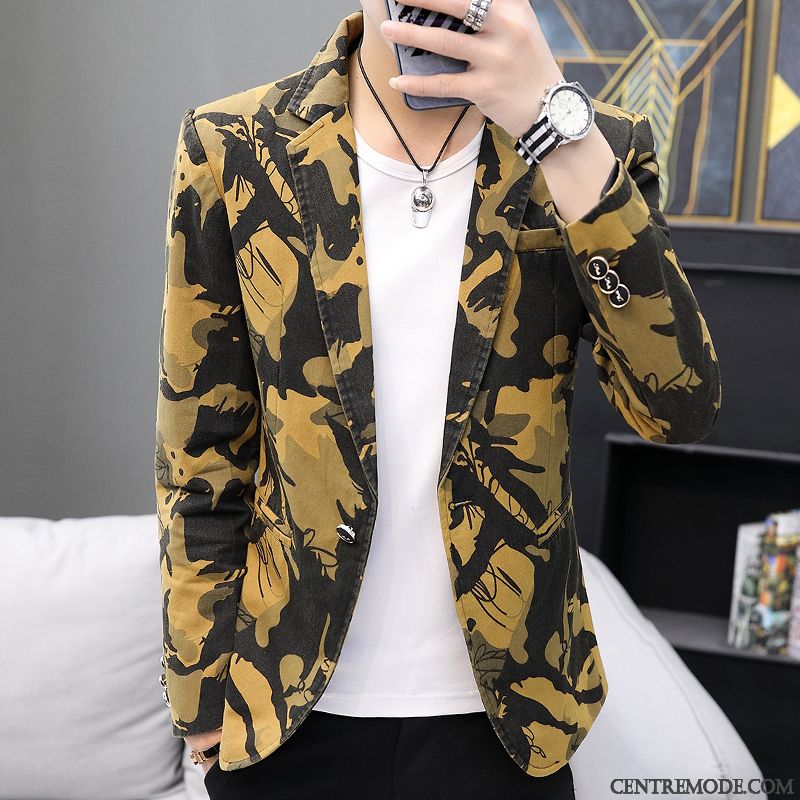 Costumes Blazer Homme Britanique Camouflage Décontractée Slim Petit Costume Jeunesse Gris