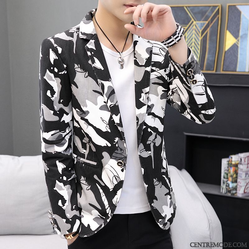 Costumes Blazer Homme Britanique Camouflage Décontractée Slim Petit Costume Jeunesse Gris