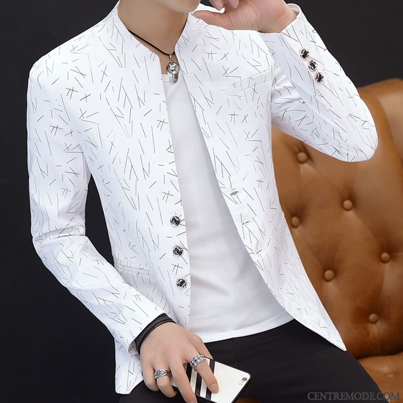 Costumes Blazer Homme Col Mandarin Tendance Printemps L'automne Une Veste Slim Blanc