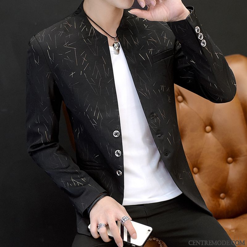 Costumes Blazer Homme Col Mandarin Tendance Printemps L'automne Une Veste Slim Blanc