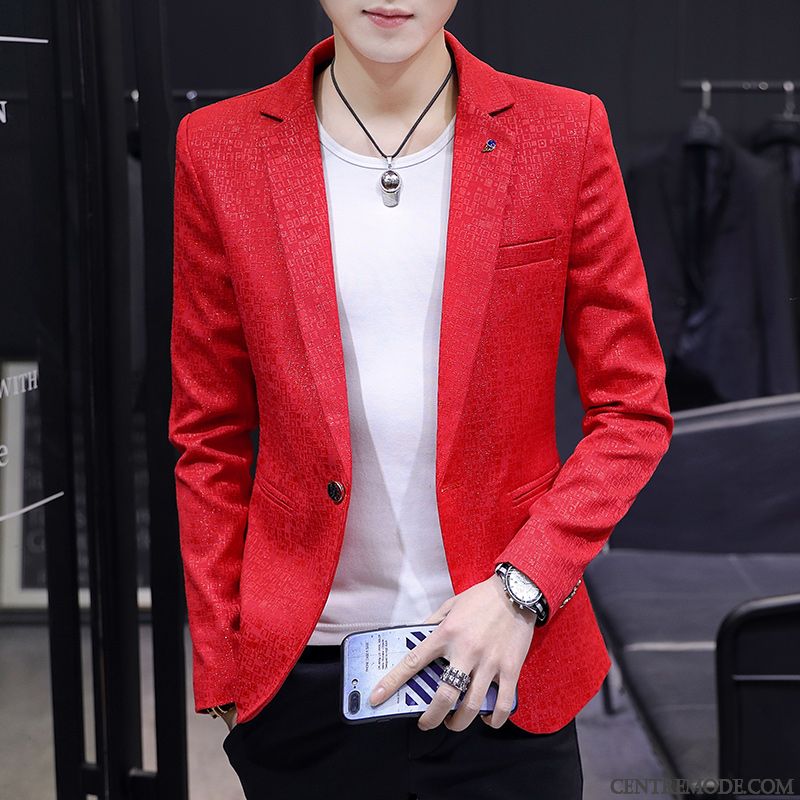 Costumes Blazer Homme Décontractée Tendance Manteau Slim Personnalité Paillette Rouge