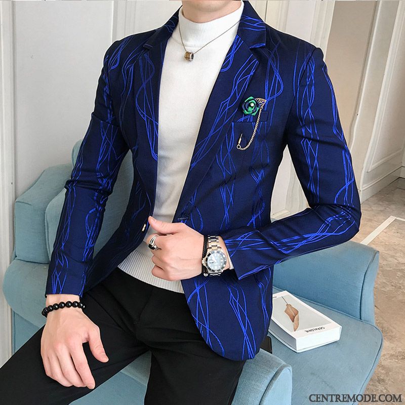 Costumes Blazer Homme Jeunesse Slim Étudiant Tendance Petit Costume Rayé Noir