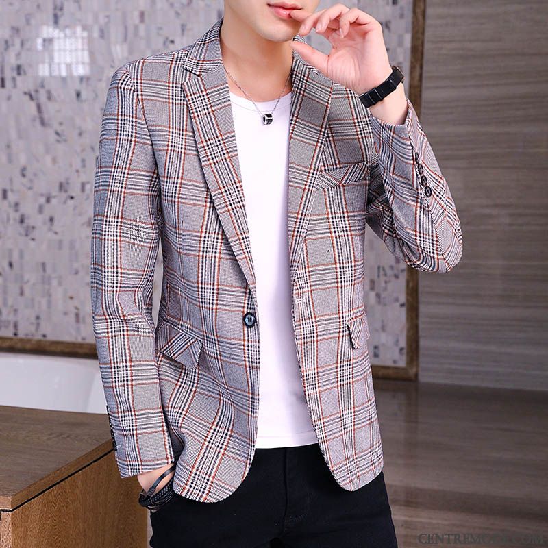 Costumes Blazer Homme Une Boucle L'automne Tendance Carreaux Britanique Beau Bleu