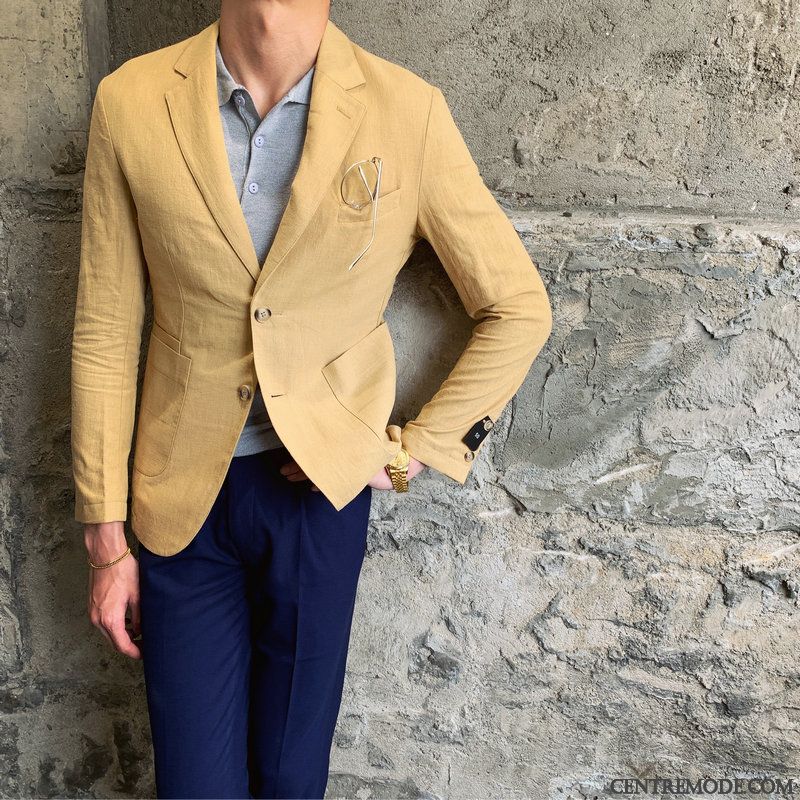 Costumes Blazer Homme Été Tendance Légère Britanique Veste De Costume Décontractée Pure Jaune