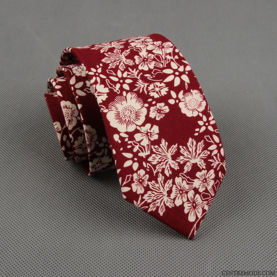 Cravate Homme Floral 100% Coton Grande Marque Étroit Europe Britanique Rouge