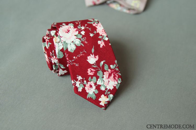 Cravate Homme Floral 100% Coton Grande Marque Étroit Europe Britanique Rouge