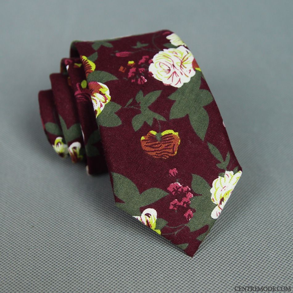 Cravate Homme Floral 100% Coton Grande Marque Étroit Europe Britanique Rouge
