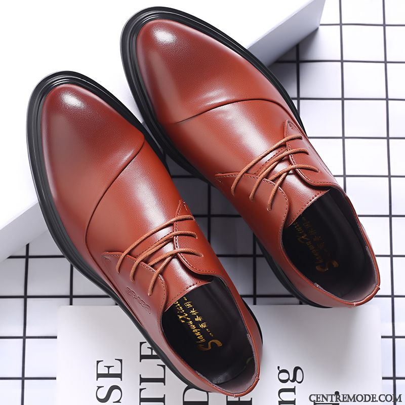 Derbies Homme Augmenté Semelle Doux Angleterre Chaussures En Cuir Tendance Pointe Pointue Brun