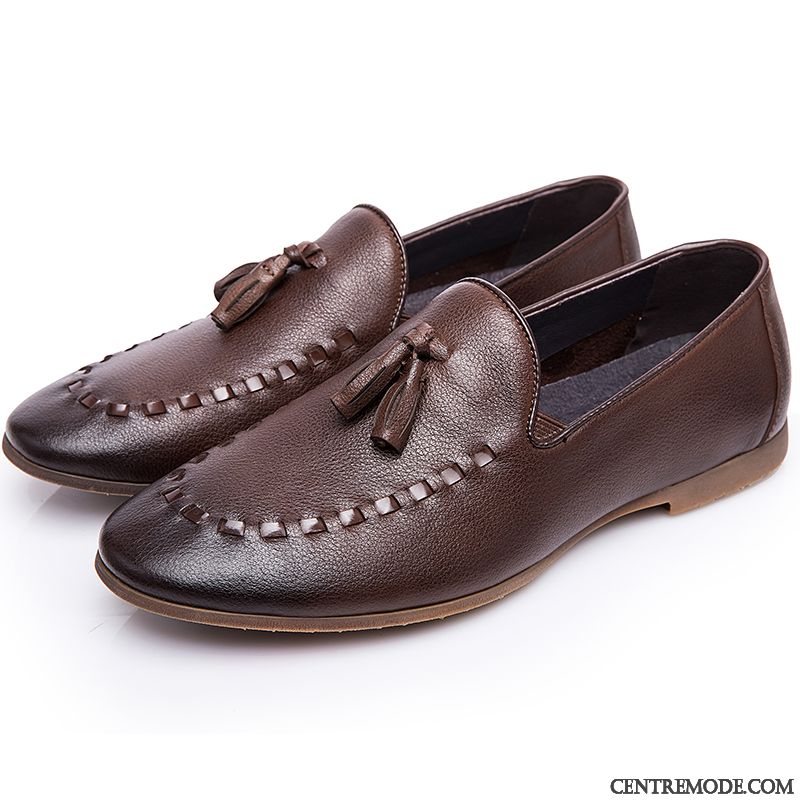 Derbies Homme Cuir Semelle Doux Mocassin Tourisme Pompon Cuir Véritable Noir