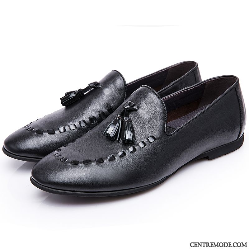 Derbies Homme Cuir Semelle Doux Mocassin Tourisme Pompon Cuir Véritable Noir