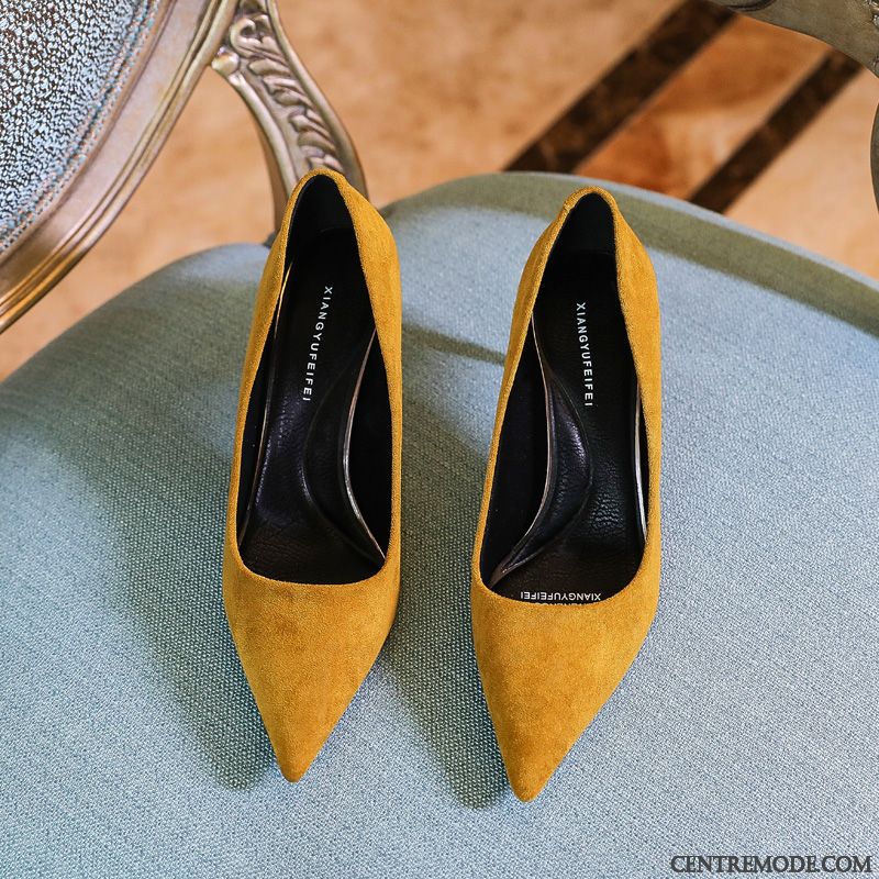 Escarpins Femme Banlieue L'automne Minces Talons Hauts Derbies Suède Jaune