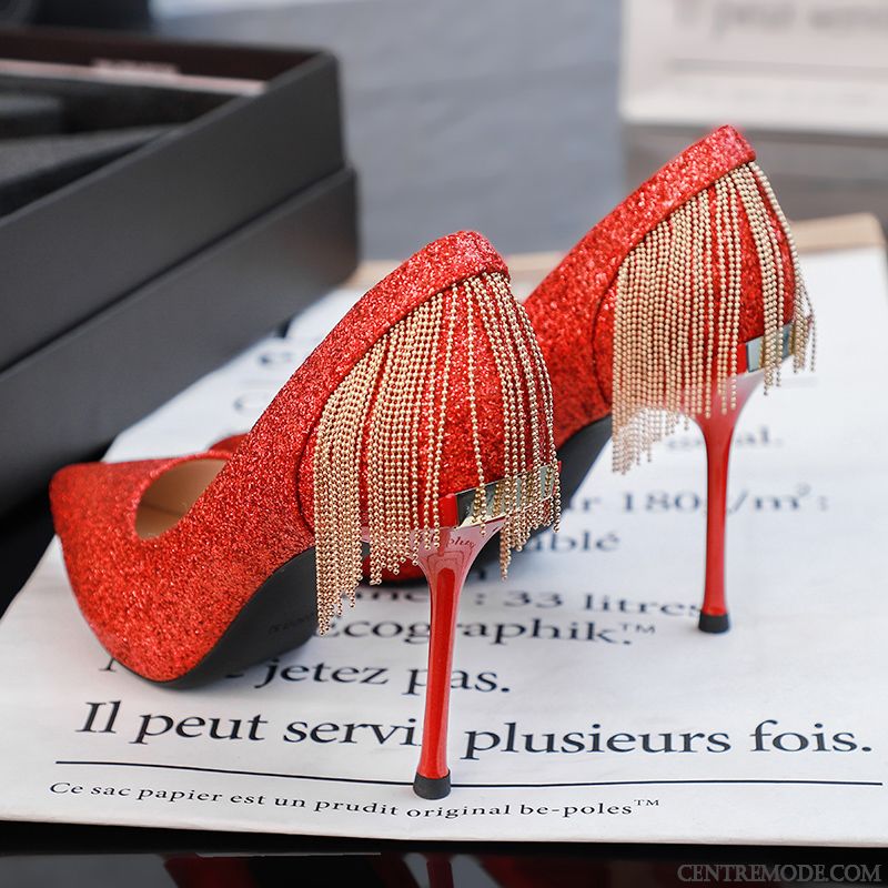 Escarpins Femme Cristal Minces Derbies Sexy Fille Mesh Rouge