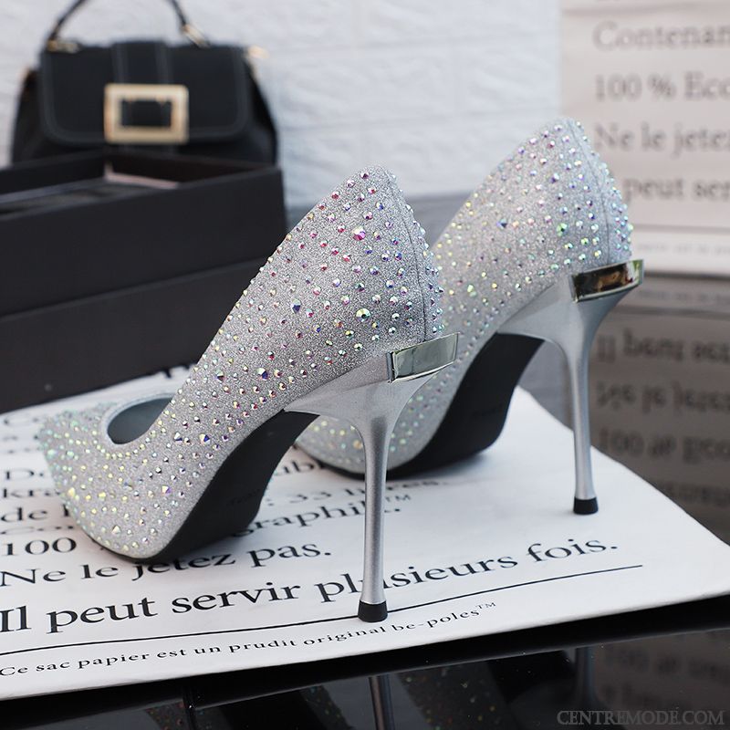 Escarpins Femme Fille Cristal Derbies Imitation Strass Minces Chaussures De Mariage Or Argent