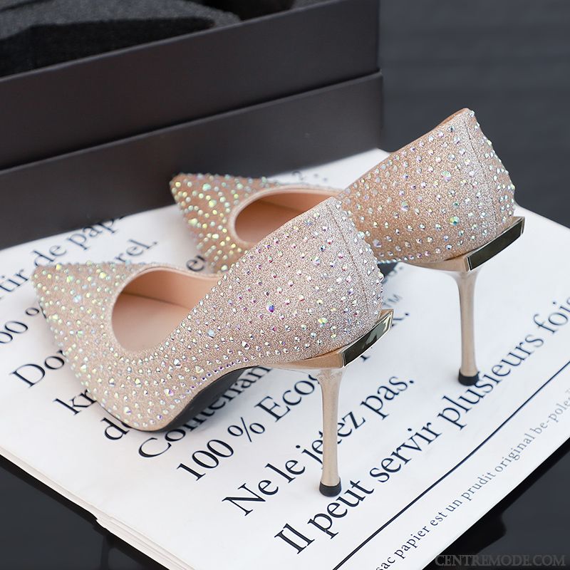 Escarpins Femme Fille Cristal Derbies Imitation Strass Minces Chaussures De Mariage Or Argent