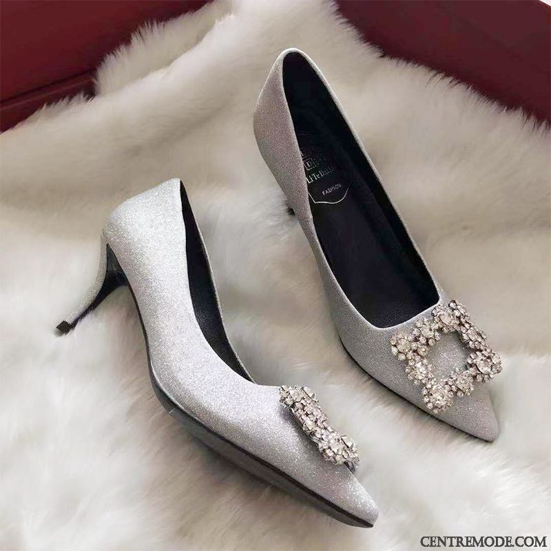 Escarpins Femme Pointe Pointue Derbies Chaussures De Mariage Imitation Strass Minces Rouge Argent Clair
