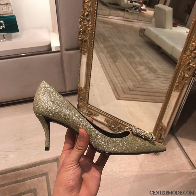 Escarpins Femme Pointe Pointue Derbies Chaussures De Mariage Imitation Strass Minces Rouge Argent Clair