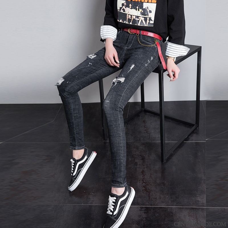 Jeans Femme Des Trous Printemps Extensible Maigre L'automne Mince Noir