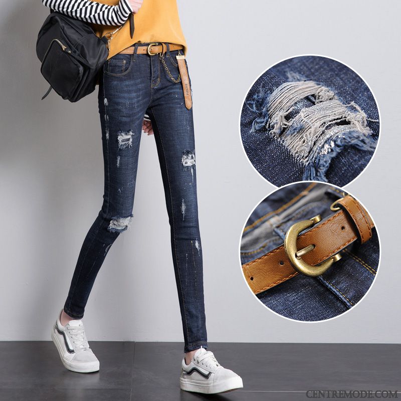 Jeans Femme Des Trous Printemps Extensible Maigre L'automne Mince Noir