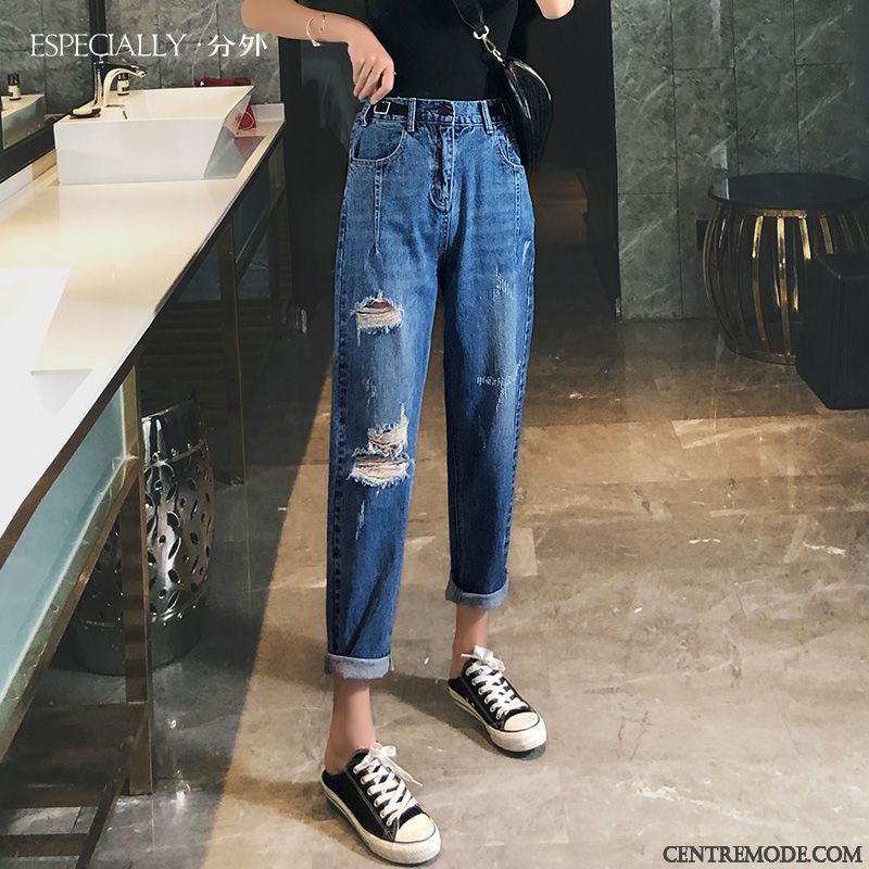 Jeans Femme Des Trous Été Légère Baggy Haute Cintrée Harlan Bleu Rouge