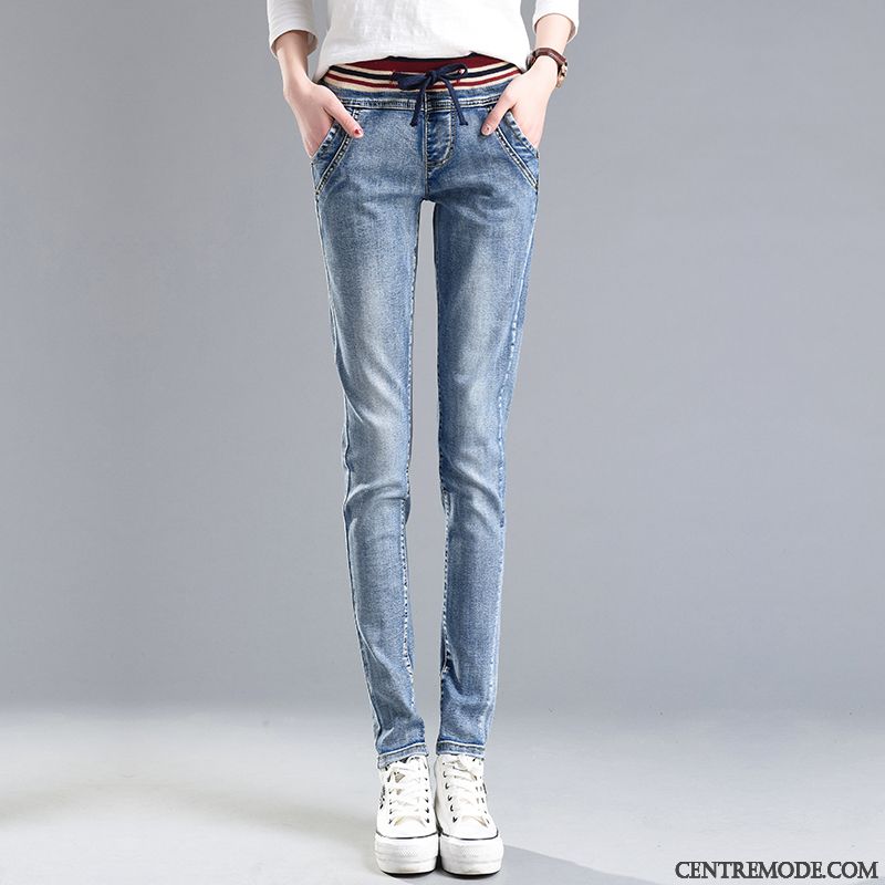 Jeans Femme Décontractée Épaissir Mince Baggy Haute Cintrée Extensible Bleu Clair