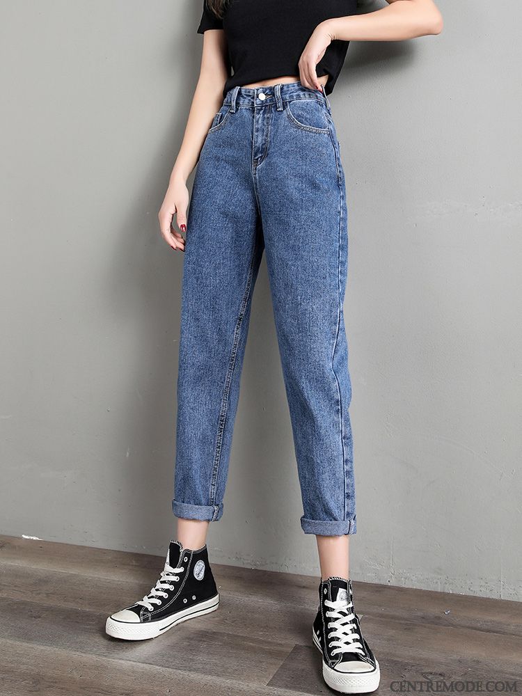 Jeans Femme Harlan Haute Cintrée Mince Baggy Été Jambe Droite Bleu