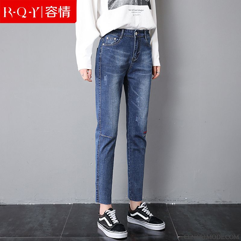 Jeans Femme Haute Cintrée Baggy Broderie Jambe Droite L'automne Été Bleu Rouge