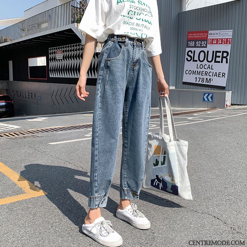 Jeans Femme Haute Cintrée Baggy Harlan Hiver L'automne Jambe Droite Bleu Clair