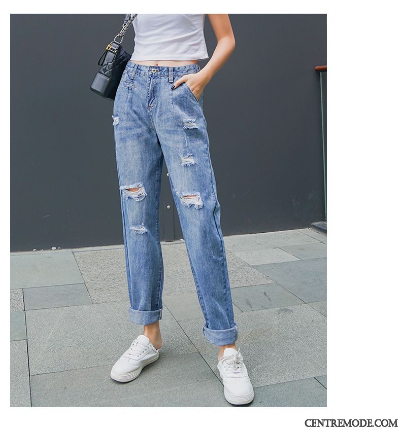 Jeans Femme Haute Cintrée Troués Été Harlan Tendance Longue Bleu Rouge