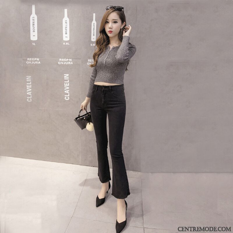 Jeans Femme Hiver Légèrement Pompon Haute Cintrée Printemps Mince Noir