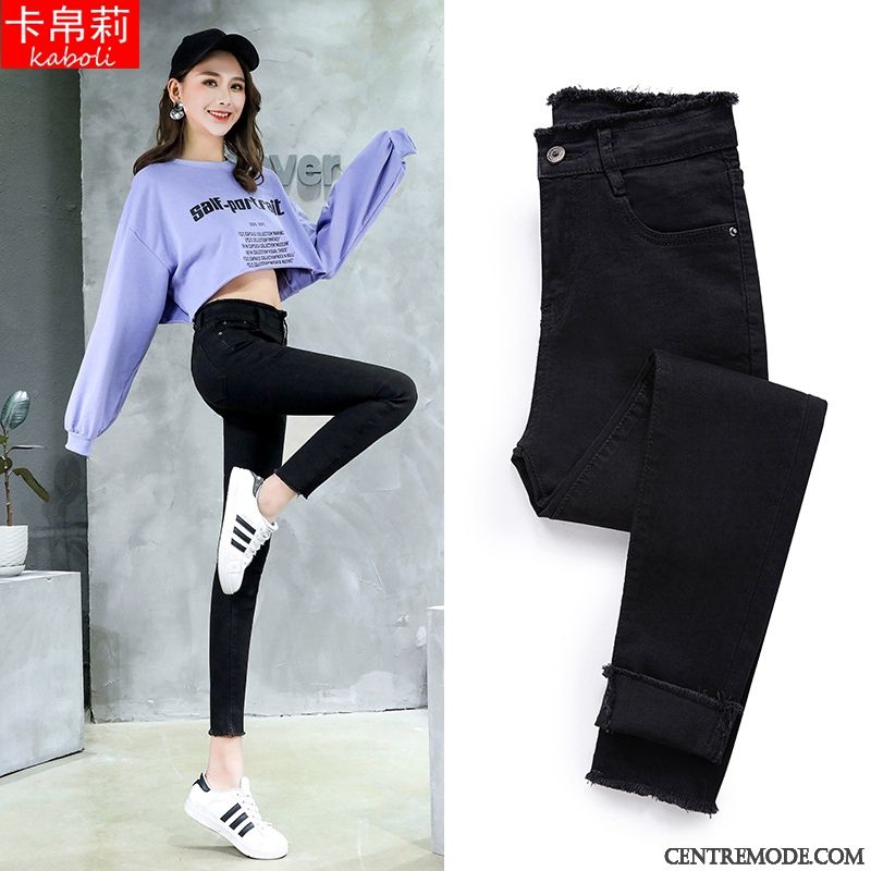 Jeans Femme Hiver Légèrement Pompon Haute Cintrée Printemps Mince Noir