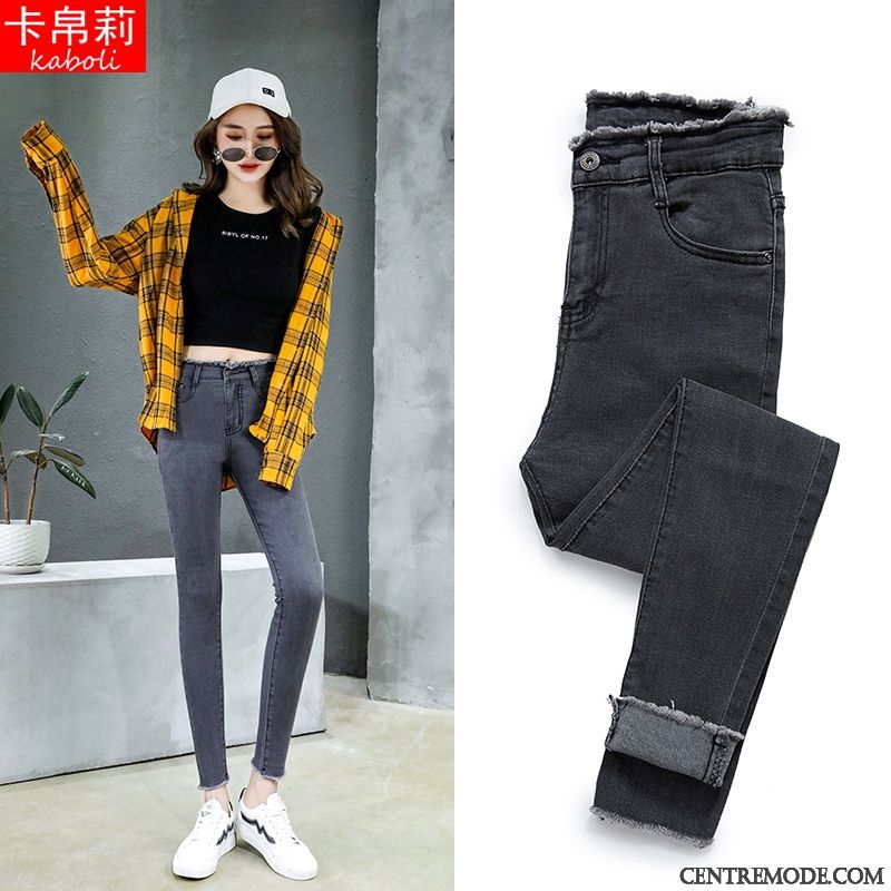 Jeans Femme Hiver Légèrement Pompon Haute Cintrée Printemps Mince Noir
