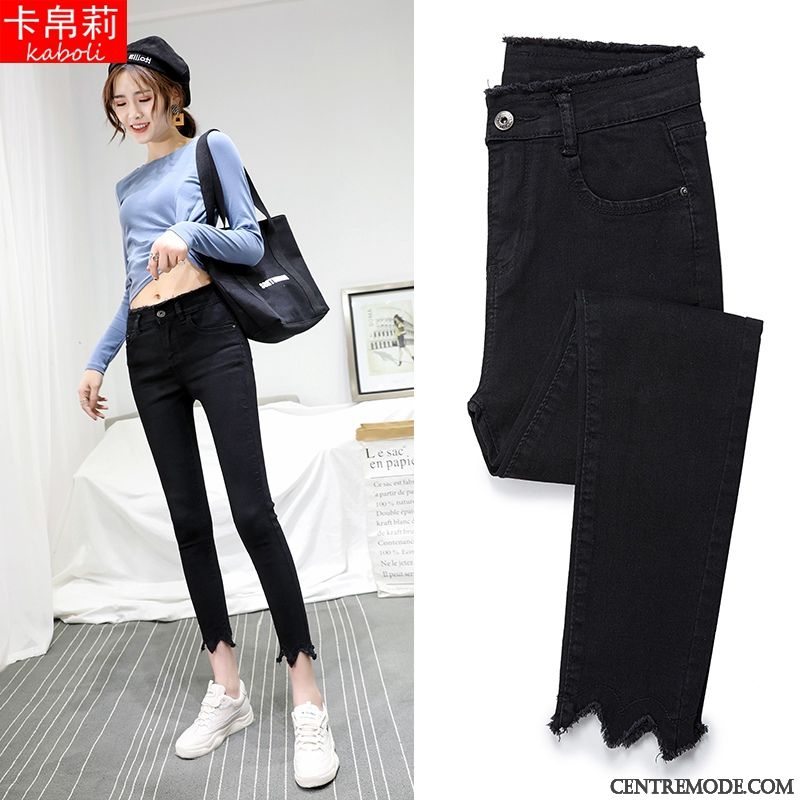 Jeans Femme Hiver Légèrement Pompon Haute Cintrée Printemps Mince Noir