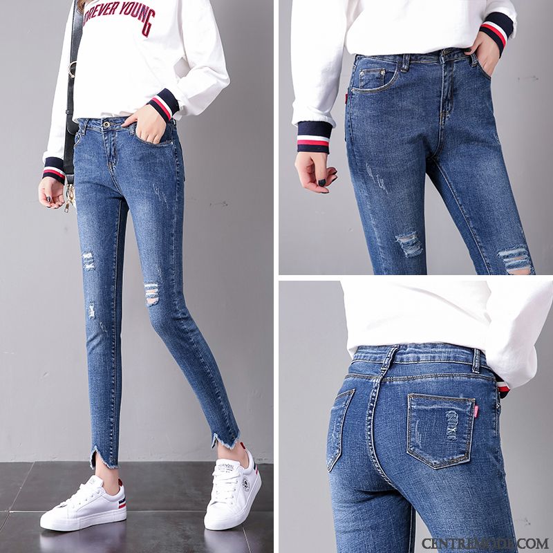 Jeans Femme Légère Pantalon Crayon Été Haute Cintrée Mince Moulant Bleu Clair