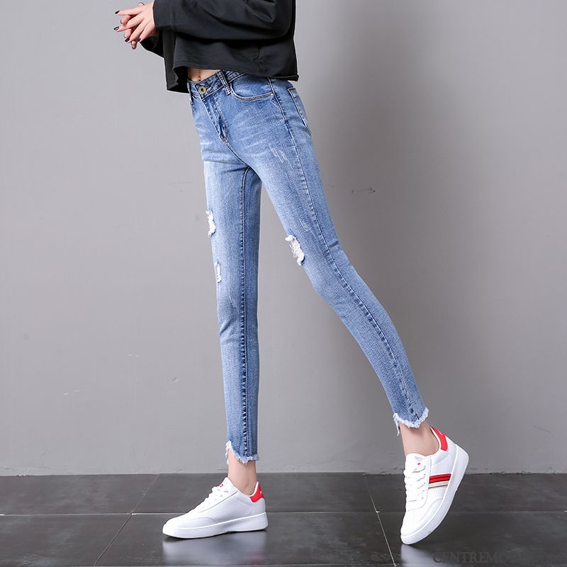 Jeans Femme Légère Pantalon Crayon Été Haute Cintrée Mince Moulant Bleu Clair