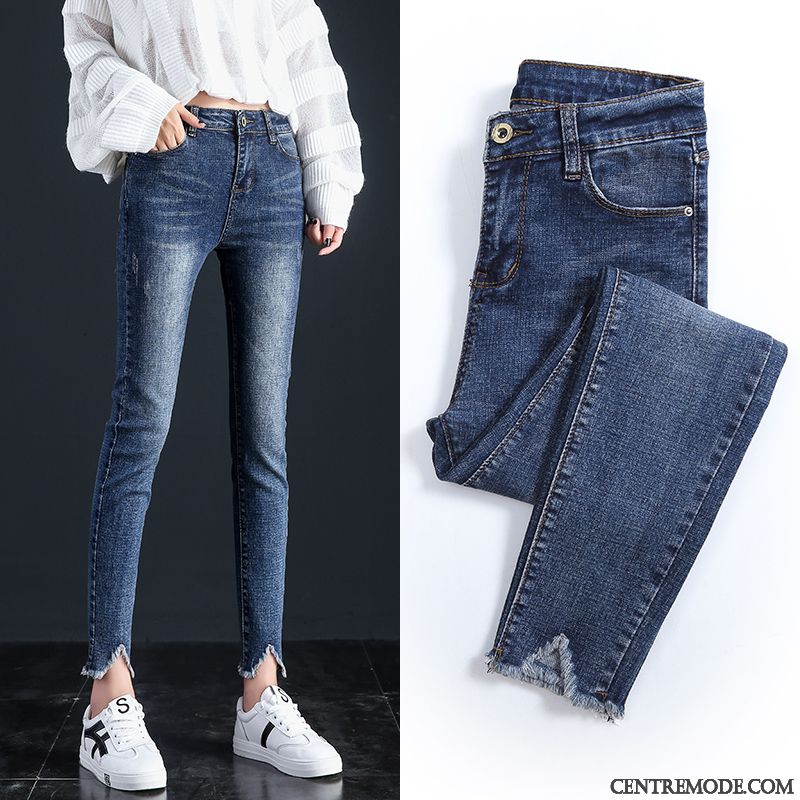 Jeans Femme Légère Pantalon Crayon Été Haute Cintrée Mince Moulant Bleu Clair