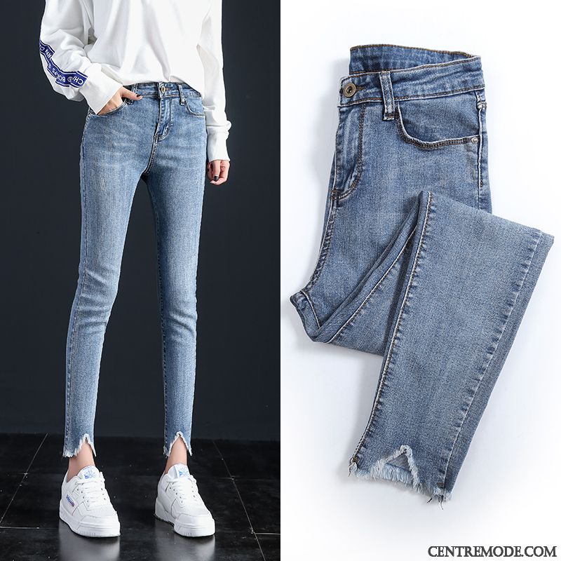 Jeans Femme Légère Pantalon Crayon Été Haute Cintrée Mince Moulant Bleu Clair