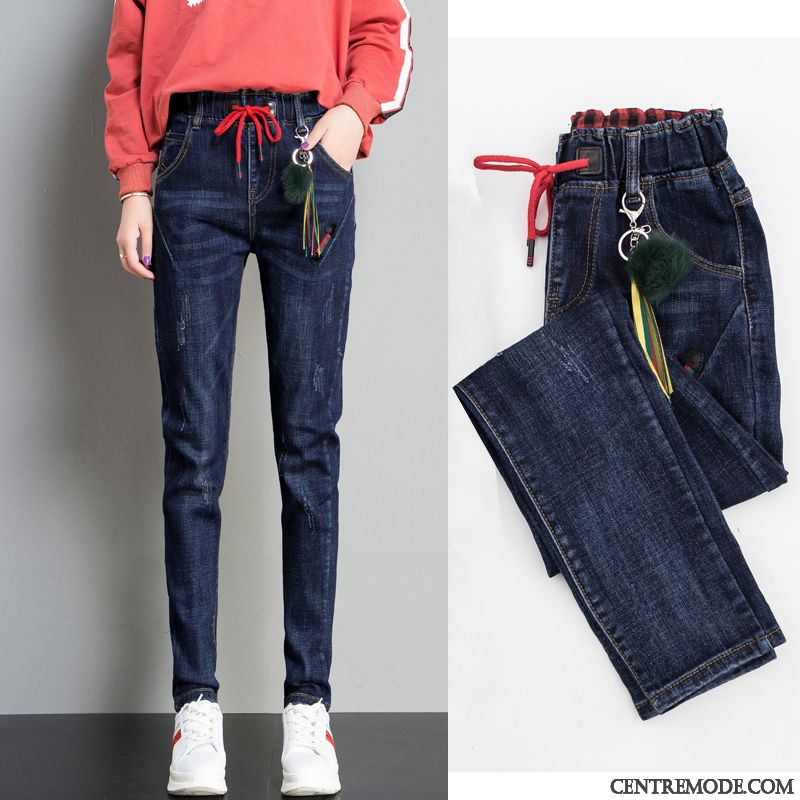 Jeans Femme Mince Plus De Velours Élastique Graisse Harlan Baggy Bleu