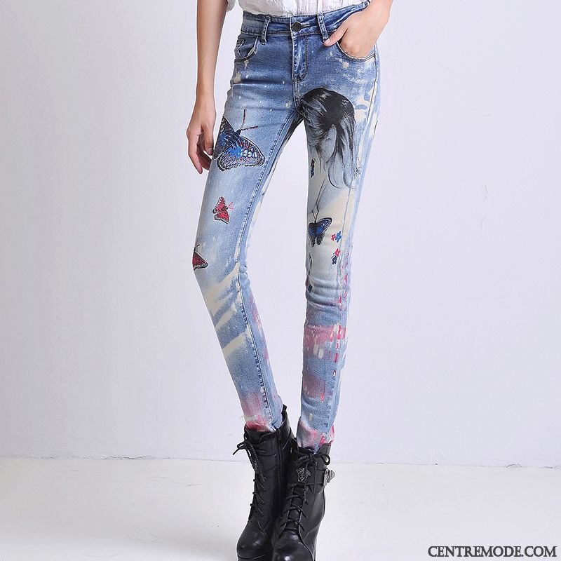 Jeans Femme Peinture Extensible Personnalité L'automne Maigre Printemps Impression Noir