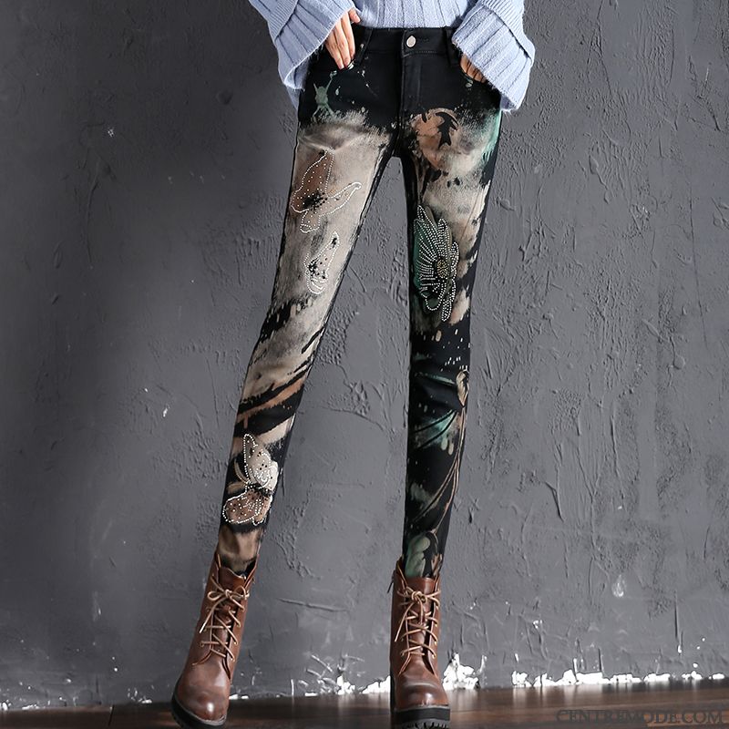 Jeans Femme Peinture Extensible Personnalité L'automne Maigre Printemps Impression Noir