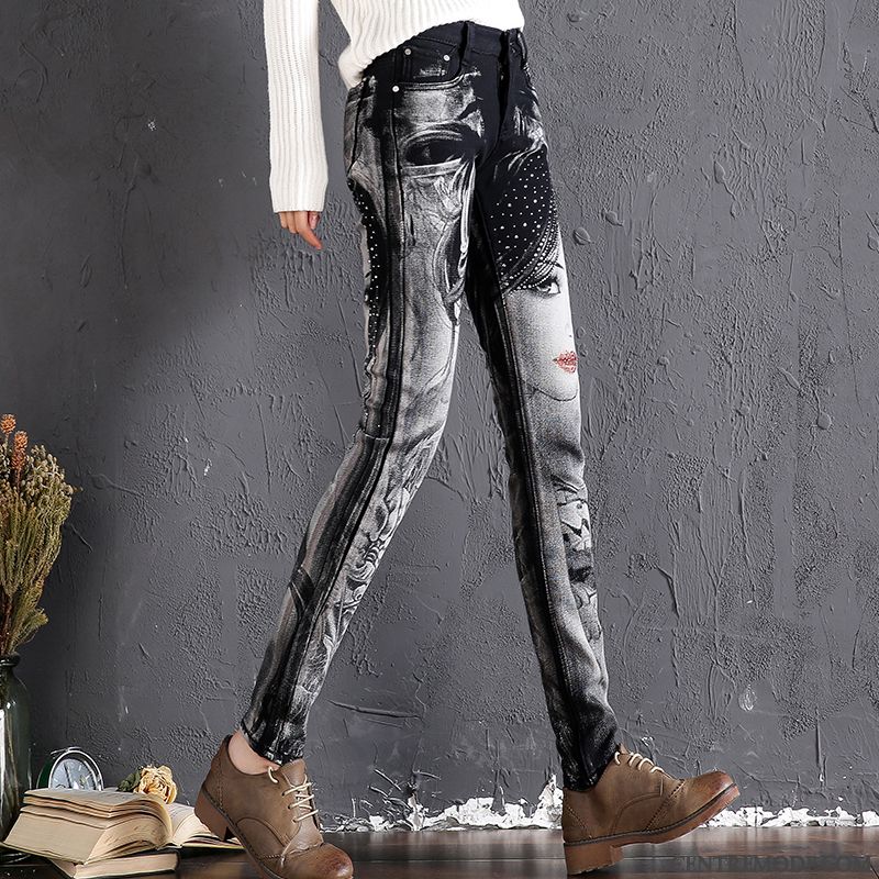 Jeans Femme Peinture Extensible Personnalité L'automne Maigre Printemps Impression Noir