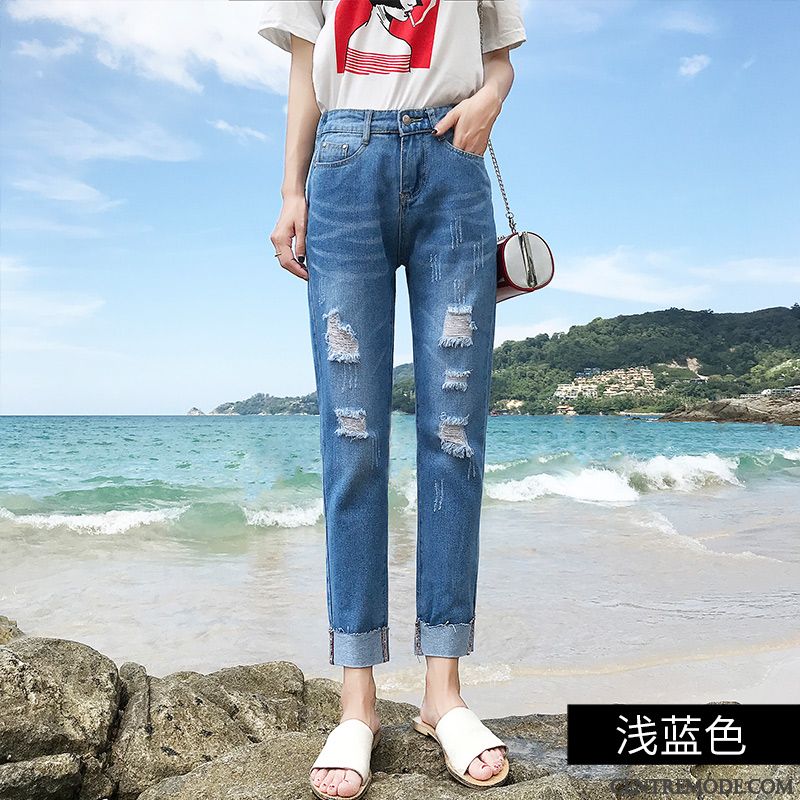 Jeans Femme Élastique Printemps Collants Harlan Des Trous Étudiant Bleu Marin