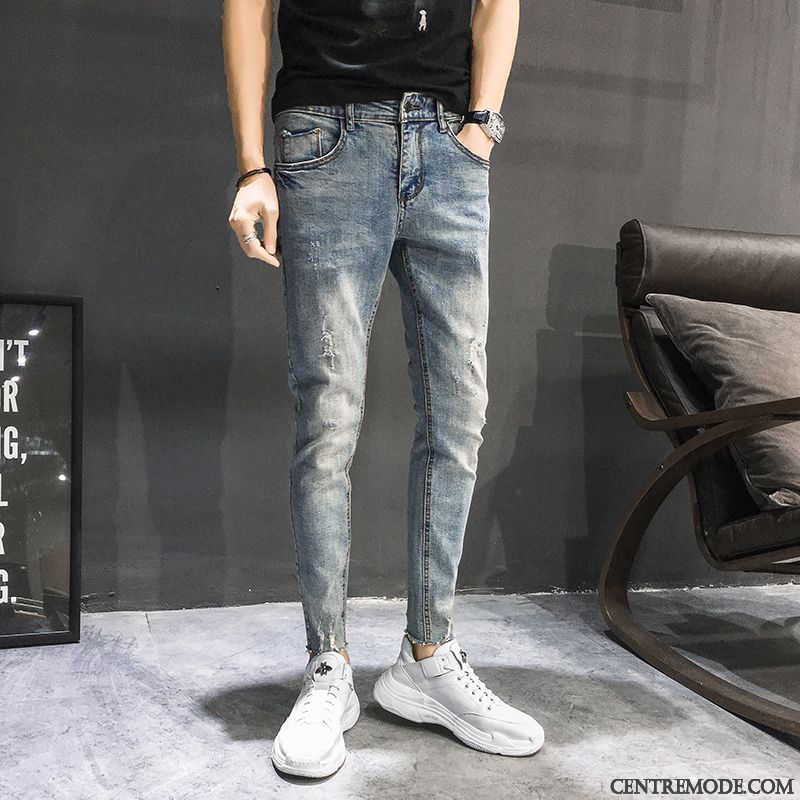 Jeans Homme Collants Maigre Tendance Troués Slim Bleu